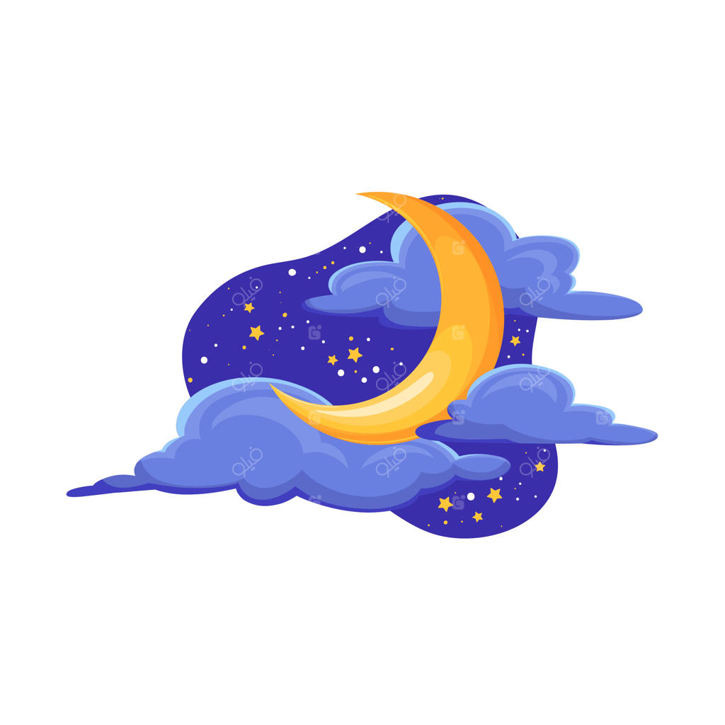 آسمان شب با ماه، ستاره‌ها و ابرها