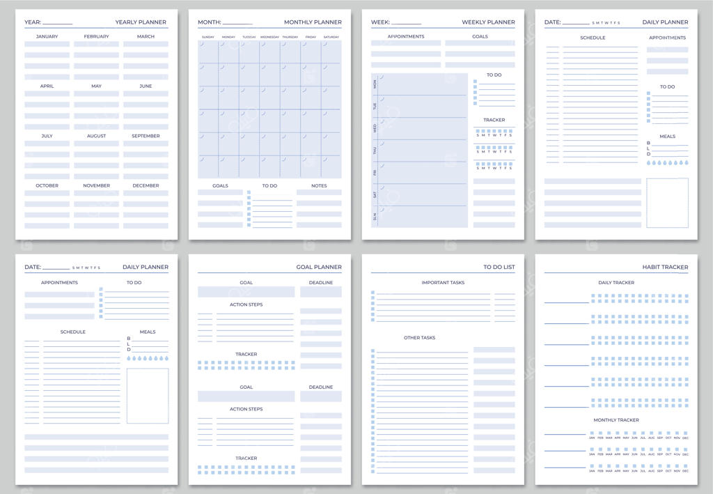 الگوهای صفحات برنامه‌ریز مینیمالیستی. صفحه‌های سازمان‌دهنده، دفتر خاطرات و کتاب کنترل روزانه. مجموعه وکتور برنامه‌ریزان زندگی، سازمان‌دهندگان هفتگی و روزانه