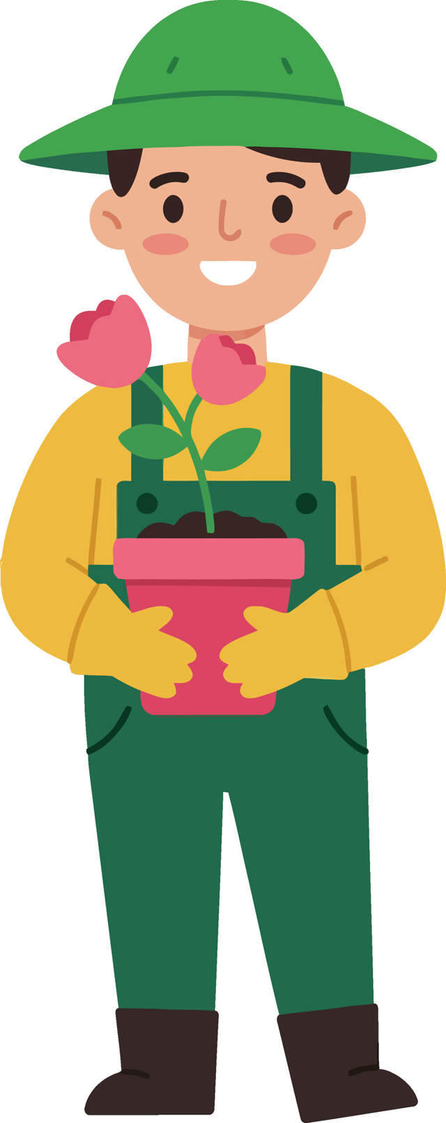 پسر باغبان با گل‌های گلدانی صورتی، کلاه سبز و دستکش زرد در حال لبخند زدن - تصویر شادی‌آور از باغبانی