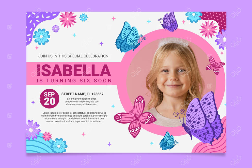 پترن دعوت‌نامه تولد پروانه‌ای با عکس