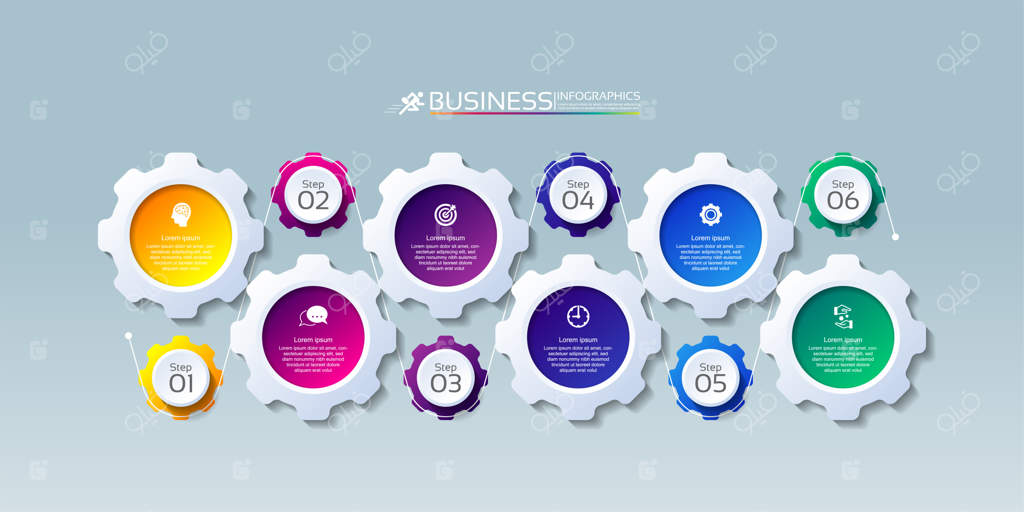 قالب اینفوگرافیک تجاری با شش مرحله رنگارنگ