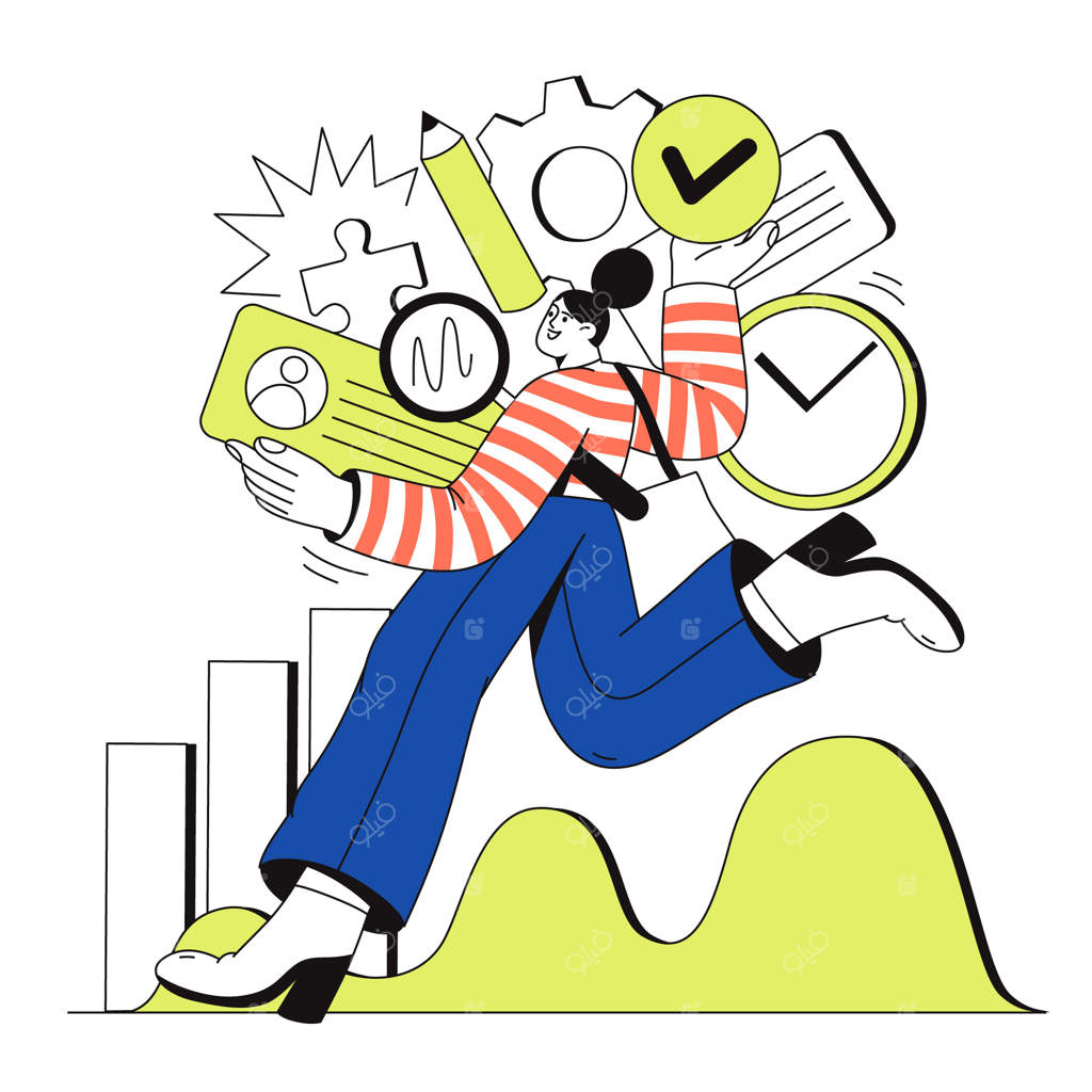 زن تاجر با عناصری نمایانگر کار، موفقیت و همکاری تیمی