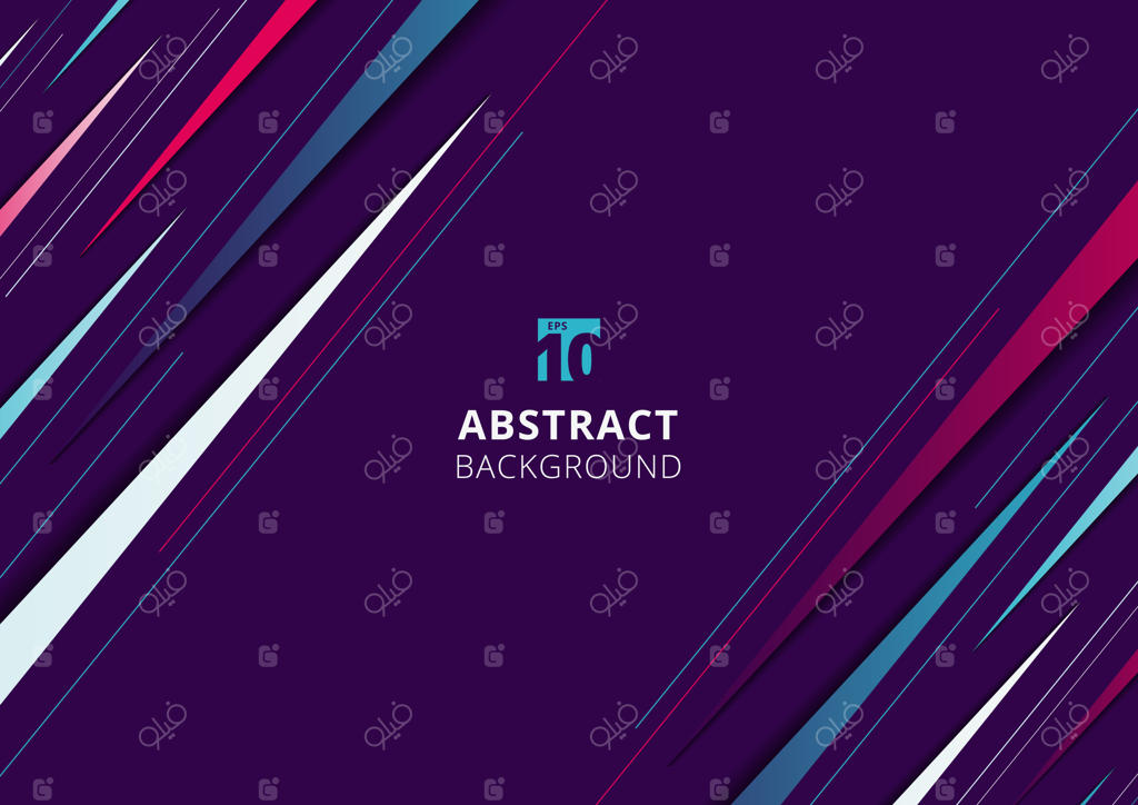 الگوی هندسی مدرن و دینامیک با نوارهای مورب آبی، صورتی و سفید روی پس‌زمینه بنفش