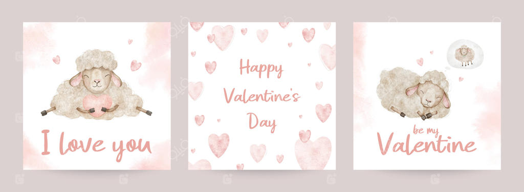 مجموعه کارت‌های روز ولنتاین با طرح گوسفندهای خواب و قلب‌ها. پس‌زمینه‌های آبرنگ دستی با بره‌های عاشق. قالب‌های ویژه ۱۴ فوریه، ابراز عشق، پوستر رمانتیک