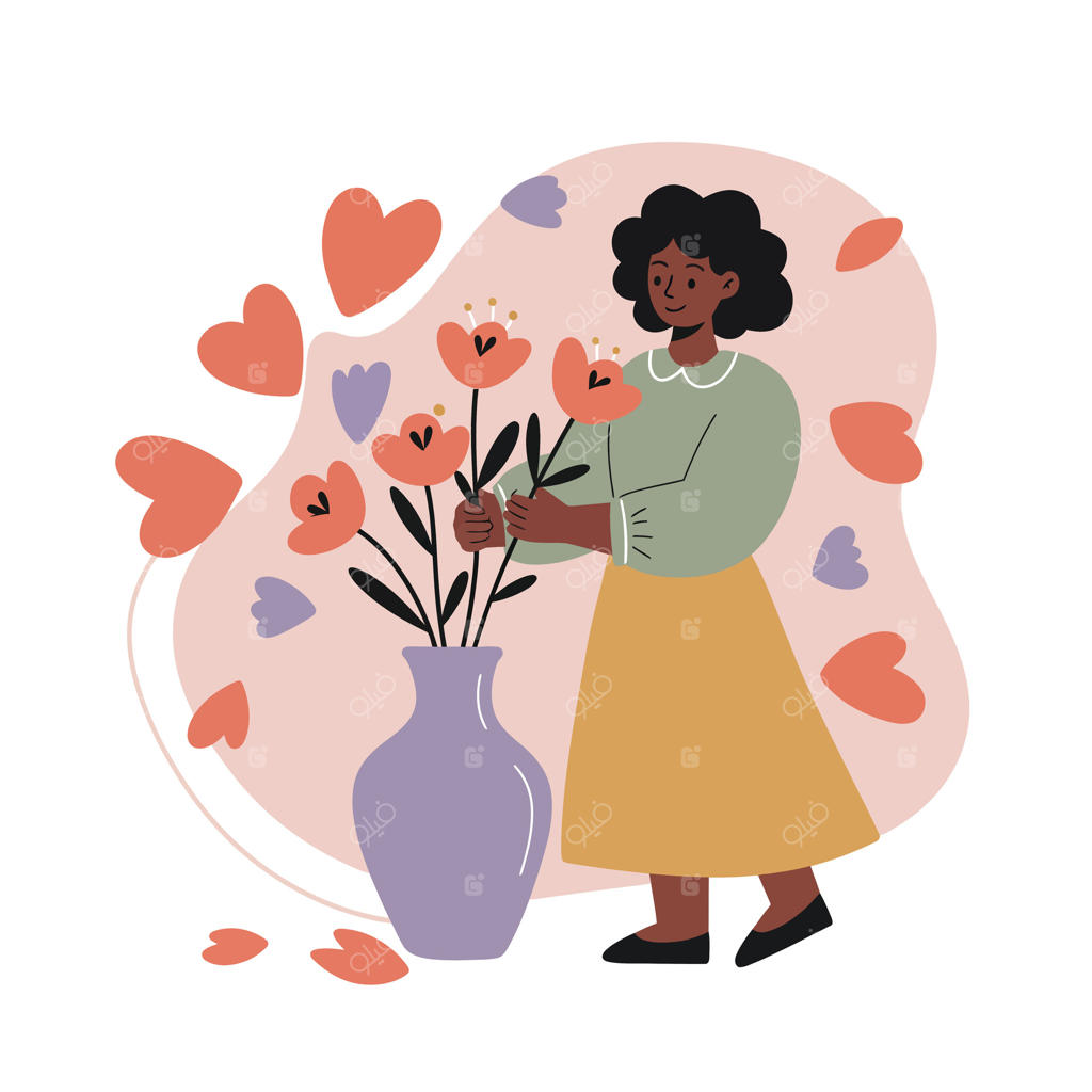 زنی مشغول چیدن گل‌ها در گلدان بنفش با زمینه قلب‌های شناور در رنگ‌های گرم