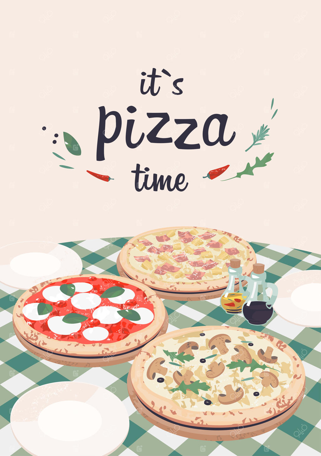 پیتزا هاواییایی، قارچ و مارگاریتا در طراحی برداری