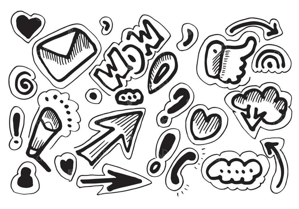 عناصر دستی طراحی شده، مشکی روی زمینه سفید. پیکان، قلب، عشق، ستاره، برگ، خورشید، نور، گل، تاج، شاه، ملکه، خطوط، فرم‌های منحنی، تأکیدات، پیچش‌ها و قلب‌ها برای طراحی مفهومی.