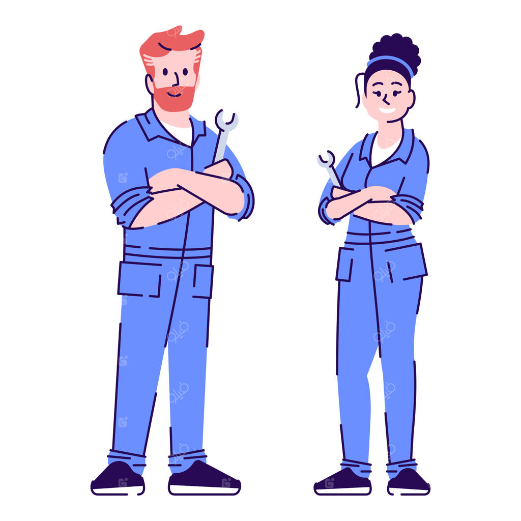 وکتور کاراکترهای مکانیک خودرو به سبک فلت؛ تصویرسازی کارتونی تعمیرکار مرد و تکنسین زن همکار با دورخط، کارگران تعمیرگاه و سرویس نگهداری ماشین ایزوله شده در پس‌زمینه سفید