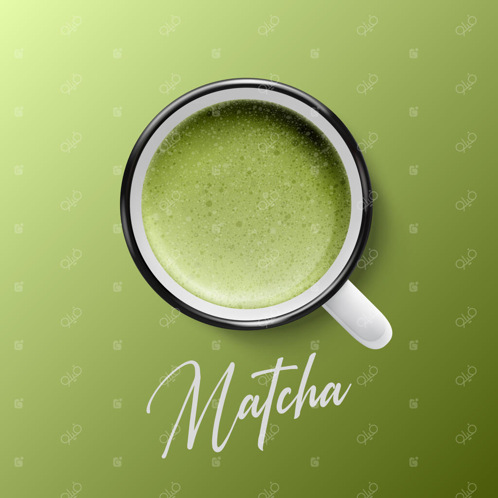 طرح قالب لیوان سرامیکی سفید سه‌بعدی با نمای نزدیک - فوم شیر سبز و ماچا در زمینه سبز از نمای بالا