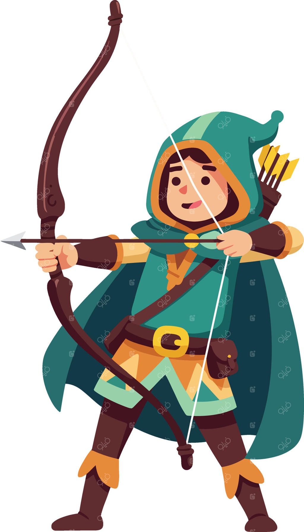 شخصیت کماندار با شنل سبز و کمان در دست برای طراحی بازی یا داستان فانتزی