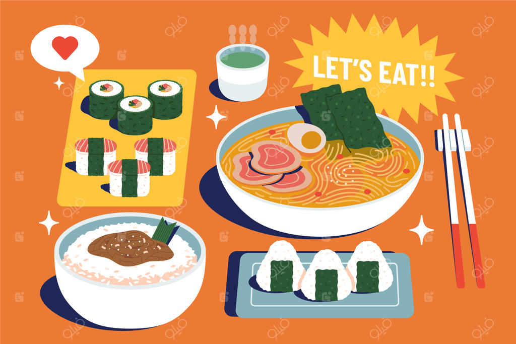 تصویرسازی غذاهای ژاپنی با طراحی دست و سبک فلت