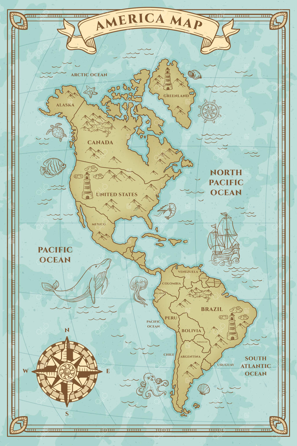 تصویر نقشه قدیمی آمریکا به صورت دست‌ساز