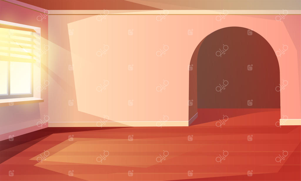 اتاق خالی به سبک کارتون: اتاق نشیمن، آشپزخانه یا اتاق هتل با پنجره، نور خورشید و درب قوسی شکل