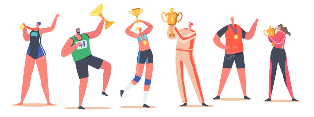 قهرمان، برنده، مفهوم پیروزی. ورزشکاران جوان و خوشحال با جام طلایی در دست، خوشحال از بُرد در مسابقه. تصویرسازی کارتونی افراد جدا از هم