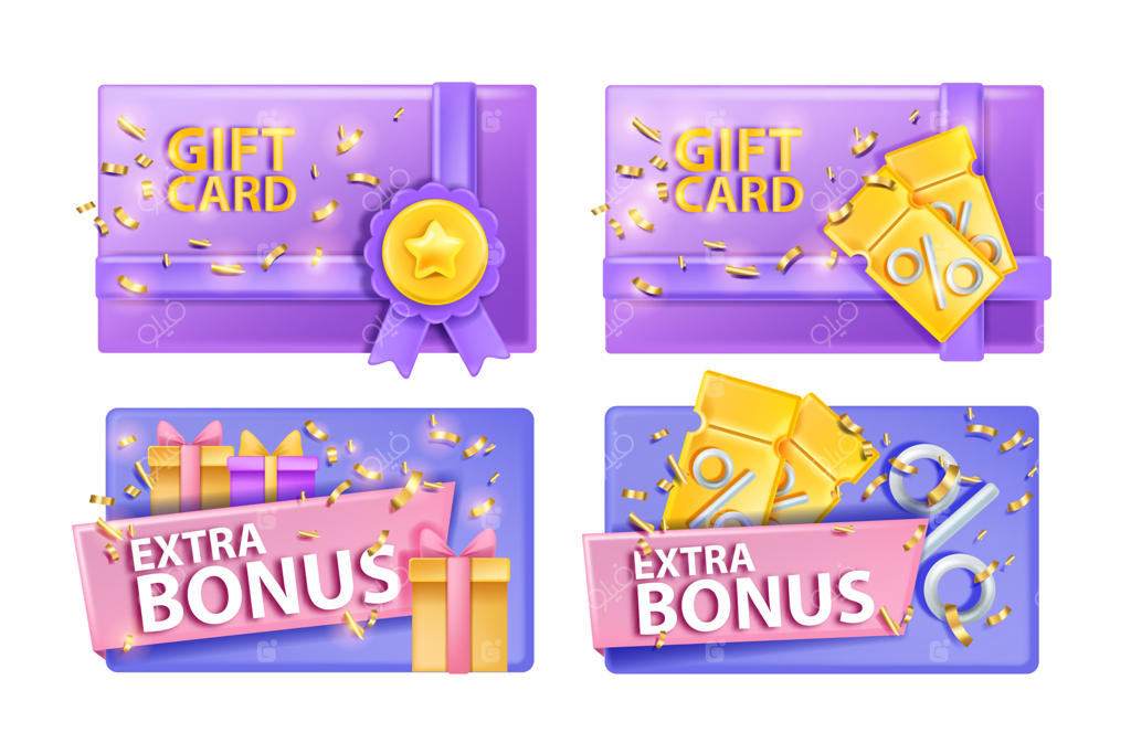 کارت‌های کوپن تخفیف و وفاداری سه‌بعدی: ست گواهی هدیه و پاداش اضافی برای خرید