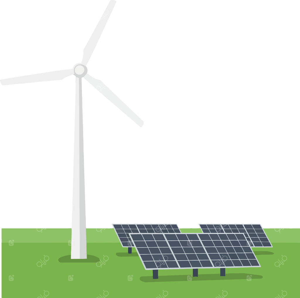 توربین بادی و پنل‌های خورشیدی در دشتی سرسبز به سبک هنر مینیمال