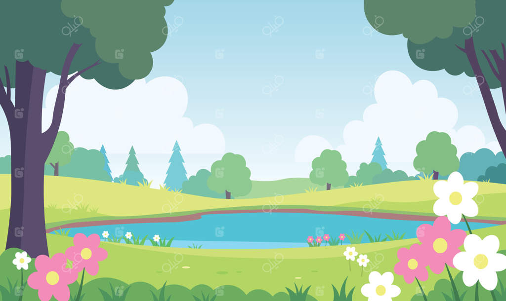 منظره‌ای از طبیعت برکه در باغ‌پارک با گل‌ها و درختان در تابستان