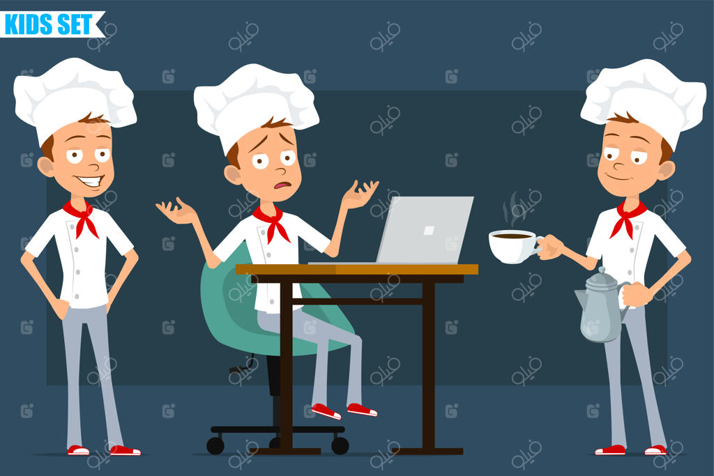 شخصیت کارتونی پسربچه آشپز کوچک با لباس سفید و کلاه نانوایی. کودک در حال ژست گرفتن و آوردن قوری و فنجان قهوه روی سینی.