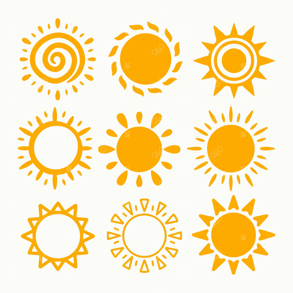 مجموعه‌ای از آیکون‌های خورشید به صورت وکتور، بر روی پس‌زمینه سفید