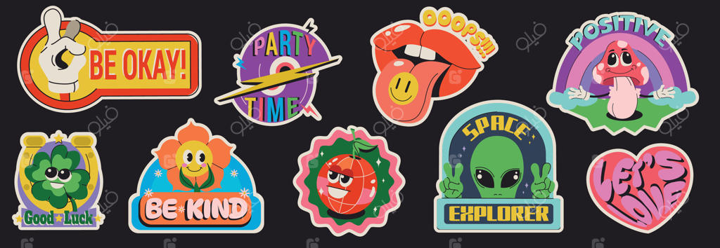 مجموعه استیکر و برچسب‌های رترو شامل گل، علامت دست اوکی، نماد عشق، قارچ بامزه، آدم فضایی و لب؛ آیکون‌های هیپی جذاب و شخصیت‌های کمیک طنز، طراحی تگ و نشان با استایل ترندی