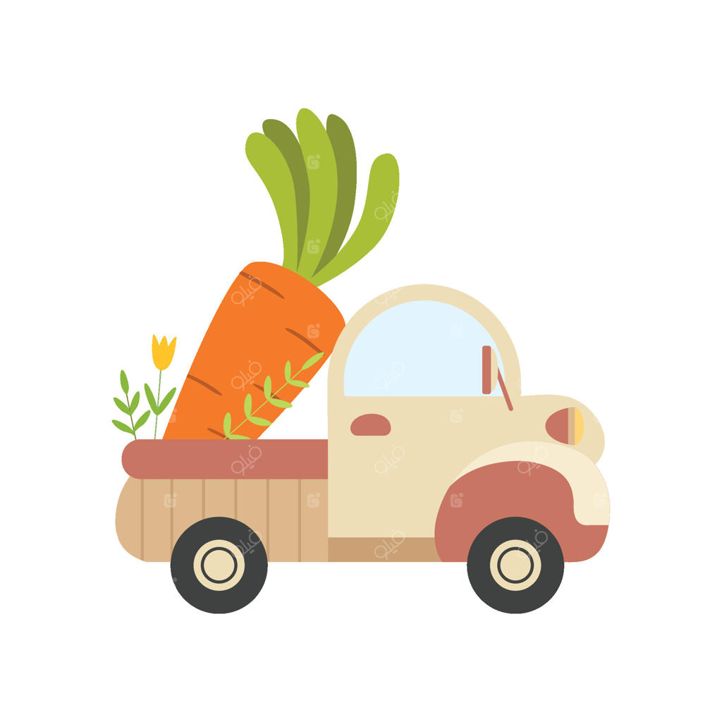 تصویر کارتونی کامیون بامزه با هویج غول‌پیکر، نمای جانبی، تحویل مواد غذایی و حمل‌ونقل سبزیجات تازه از باغ