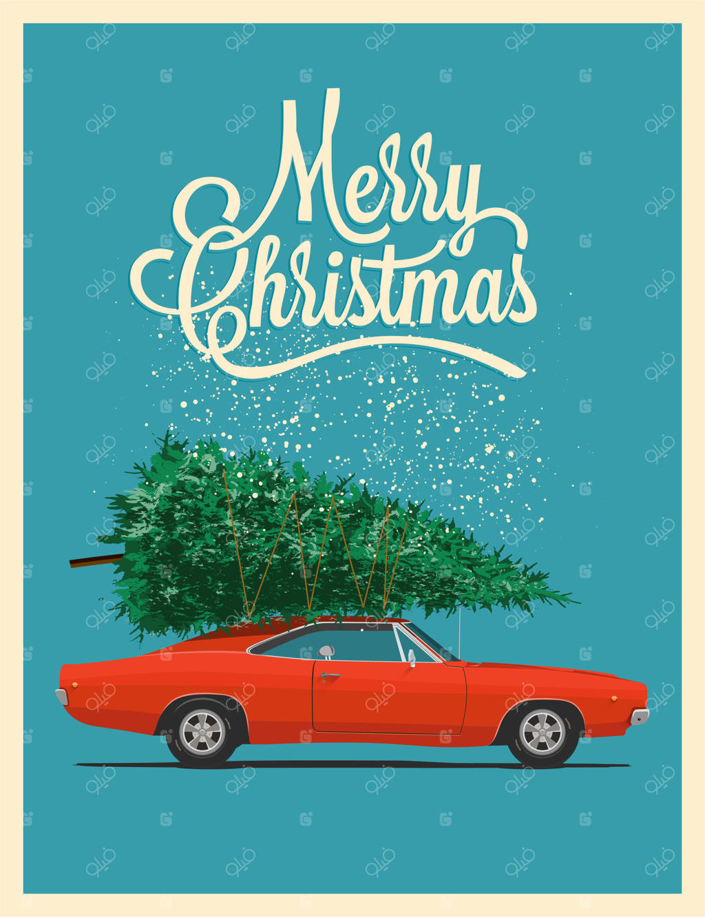 کارت یا پوستر کریسمس با ماشین کلاسیک قرمز و درخت کریسمس روی سقف.