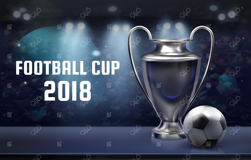 زمینه فوتبال با جام نقره‌ای و توپ در استادیوم با نورافکن و جایگاه متن