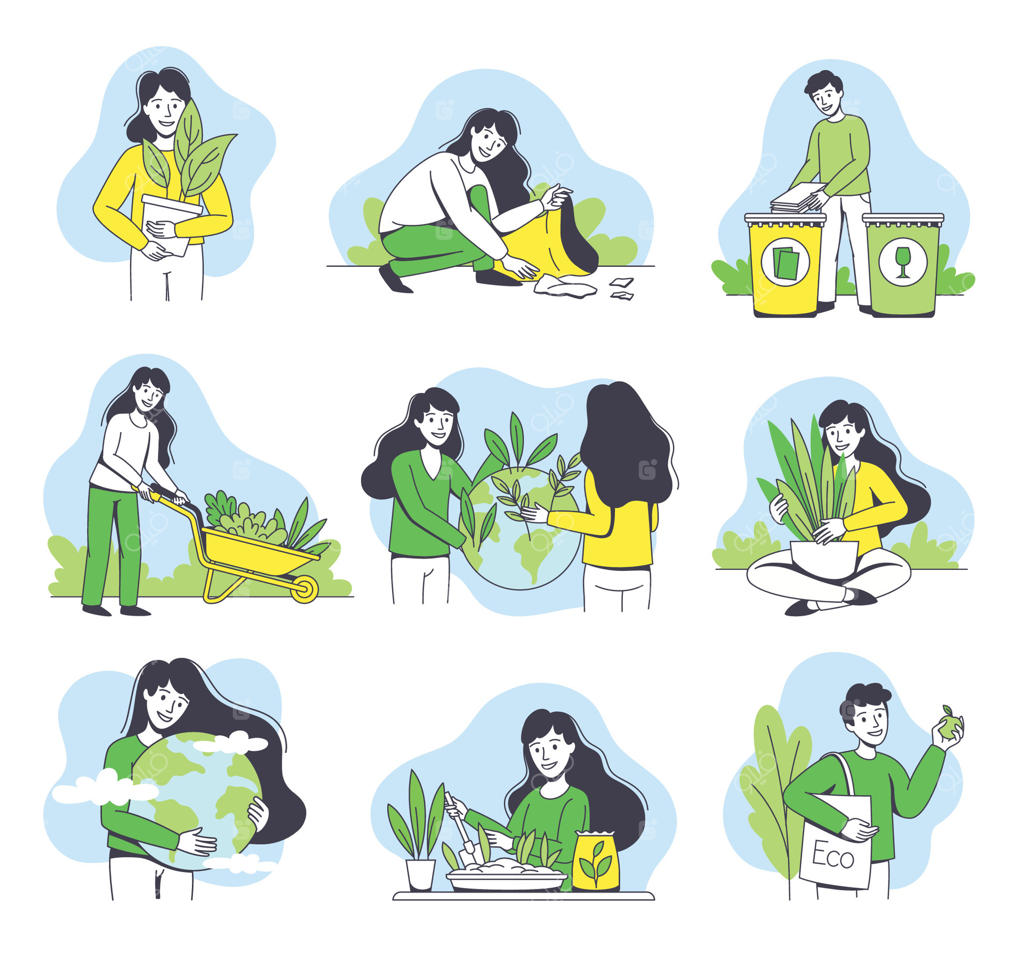 مجموعه حفاظت از محیط زیست با زن و مرد جوانِ مراقب طبیعت و سیاره سبز