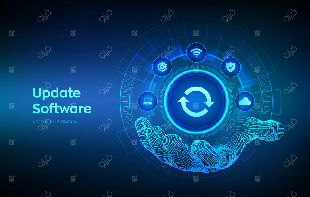 به‌روزرسانی آیکون در دست رباتیک: مفهوم ارتقاء نسخه نرم‌افزار روی صفحه مجازی، فناوری تجارت اینترنتی وکتور