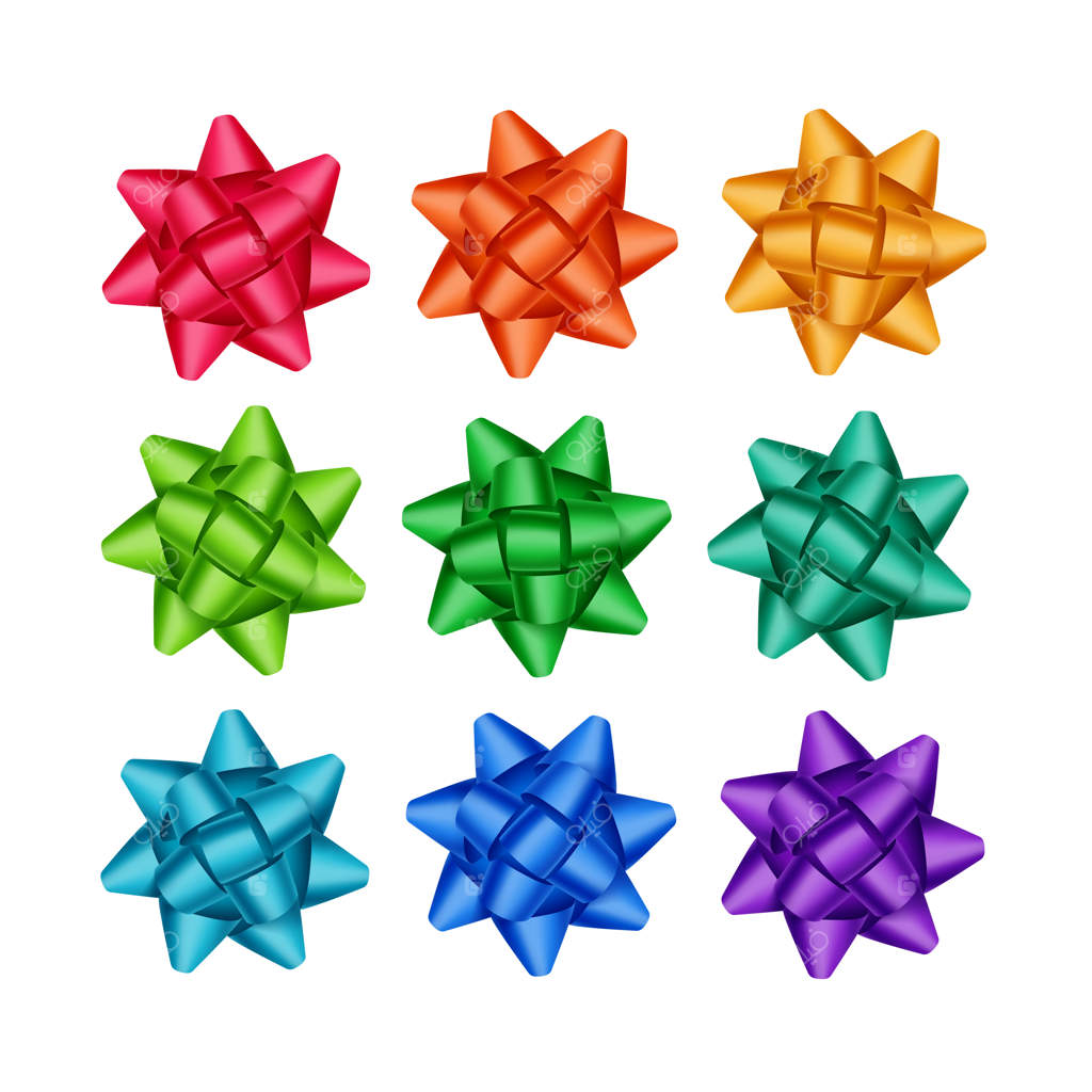 مجموعه‌ای از روبان‌های هدیه به رنگ‌های قرمز روشن، نارنجی آتشین، زرد، آبی آسمانی، سبز زمردی، و بنفش بر روی زمینه سفید