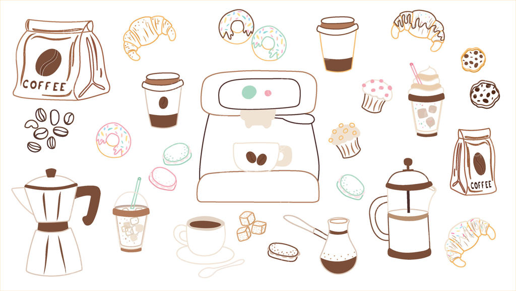 مجموعه‌ای از نوشیدنی‌های قهوه و دسرها به سبک خطی