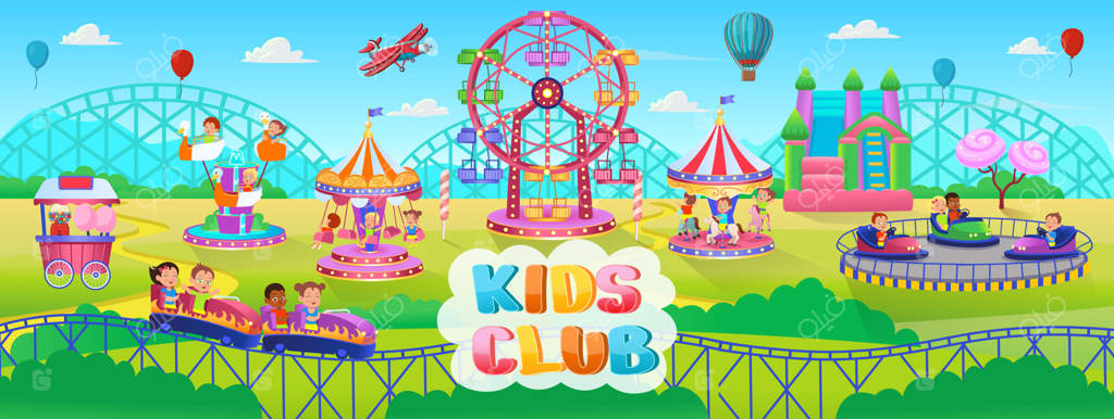 نمایی از شهر بازی با ماشین‌های برقی، چرخ و فلک، کاروسل و ترامپولین در پارک تفریحی