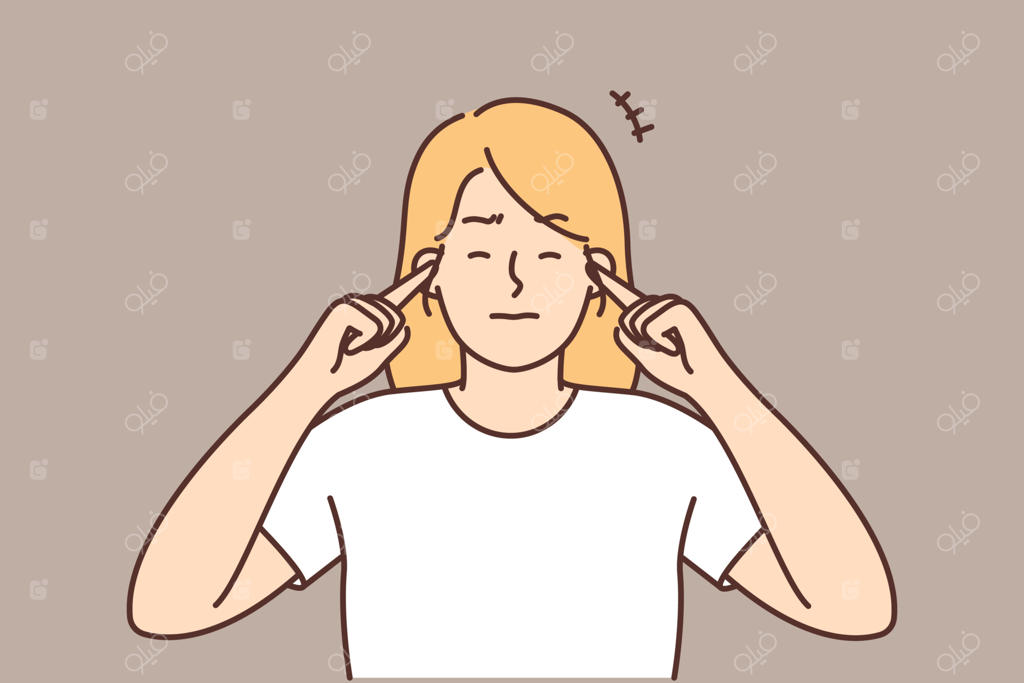 زن ناراحتی که گوش‌هایش را گرفته و از صدای بلند رنج می‌برد؛ دختر پریشان و کلافه از شنیدن سر و صدا. تصویر وکتور.