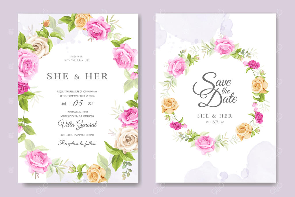 کارت دعوت زیبا با قالب گل‌ها و برگ‌های رنگارنگ