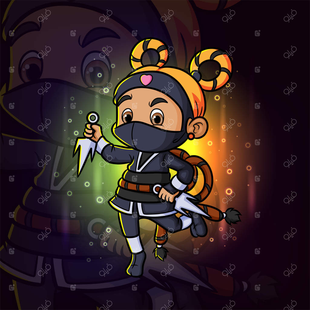 طراحی لوگوی مسکات ورزش‌های الکترونیکی دختر نینجای بامزه با نیزه سه‌شاخه