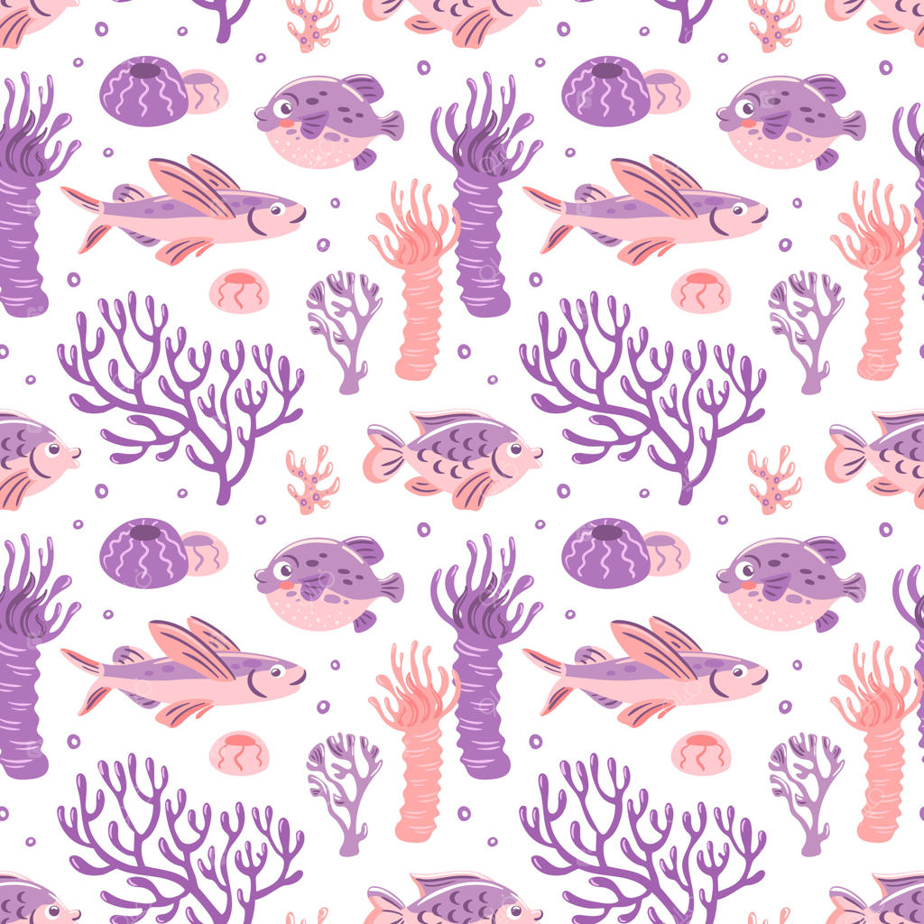 این تصویر جذاب شامل الگویی بازیگوشانه از ماهی‌های رنگارنگ و مرجان‌های متنوع زیر آب است. رنگ‌های ملایم و پاستلی فضای دریایی شاداب و خیالی ایجاد کرده‌اند.