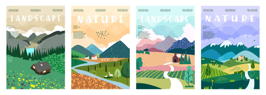 مجموعه پوستر طبیعت و منظره شامل تصویرسازی کوه، درخت، گیاه، دشت و حیوانات؛ مناسب برای چاپ، طراحی جلد، کارت و دکوراسیون هنری
