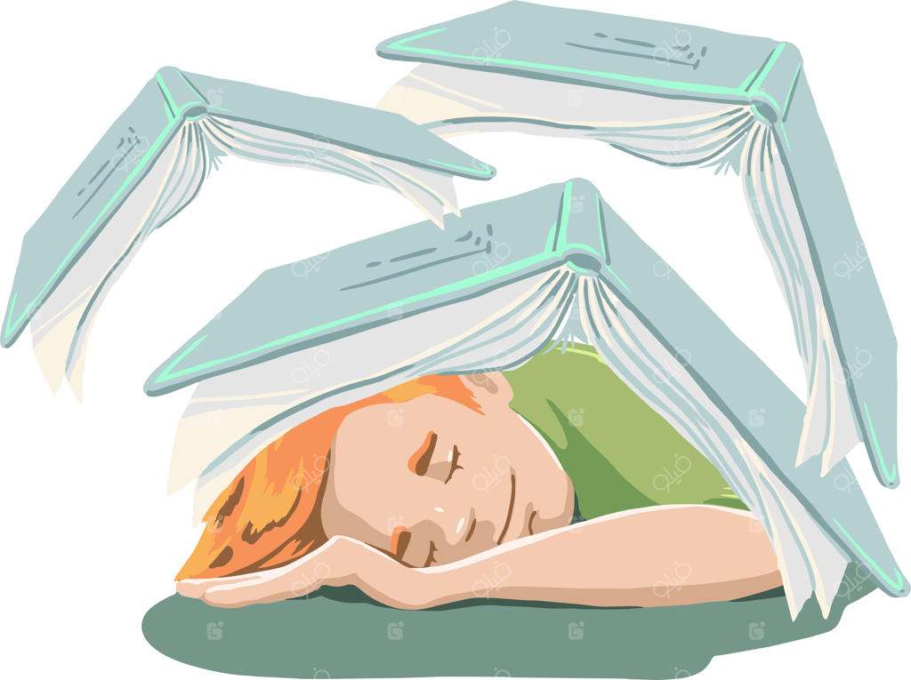 دانش‌آموز خوابیده‌ای که خود را با کتاب پوشانده است