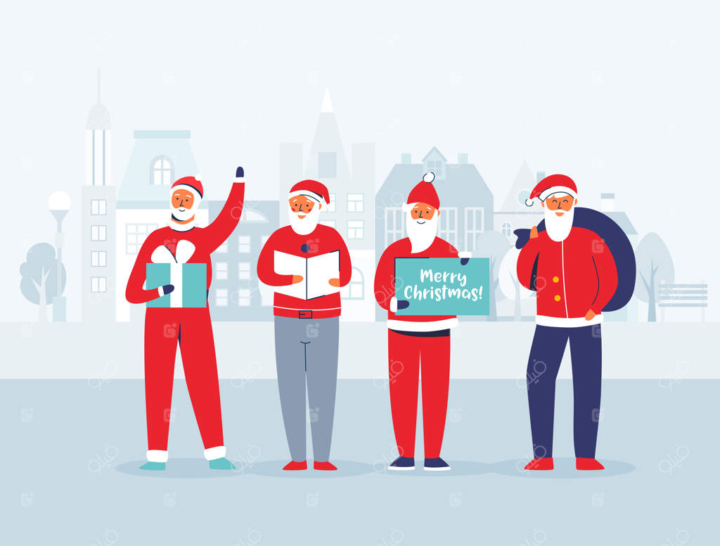 بابانوئل در پس‌زمینه شهر. شخصیت‌های بامزه زمستانی. کارت تبریک سال نو با بابانوئل و هدایا.