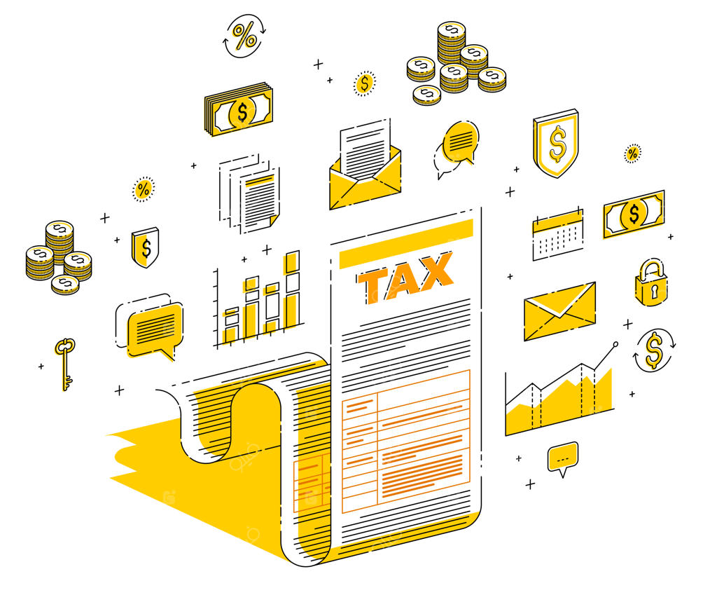 مفهوم مالیات، فرم مالیاتی یا سند قانونی به‌صورت برگه‌ای جدا شده بر روی زمینه سفید. تصویر ایزومتریک سه‌بعدی از کسب‌وکار با آیکون‌ها، نمودارهای آماری و عناصر طراحی.