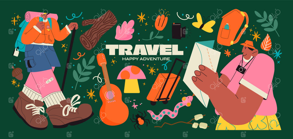 برچسب‌های کارتونی: گروه گردشگران و مسافران با کوله‌پشتی و راهنمای نقشه‌دار کلاسیک