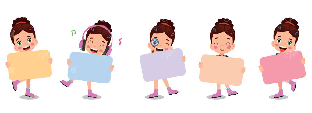 بچه‌ها با بنر در دست. تصویر کارتونی پسر و دختر مدرسه‌ای با تخته خالی برای متن