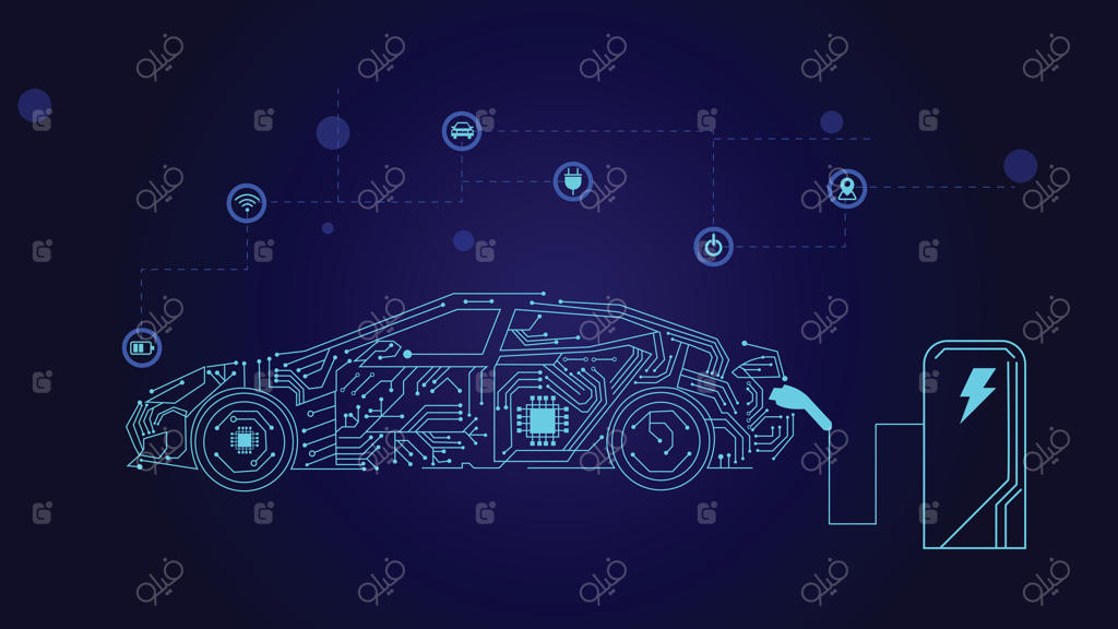 زمینه شارژ خودروهای الکتریکی مدرن با مدارهای دیجیتالی و نمادهای فناوری، مناسب برای موضوعات انرژی، نوآوری، جابجایی و فناوری هوشمند