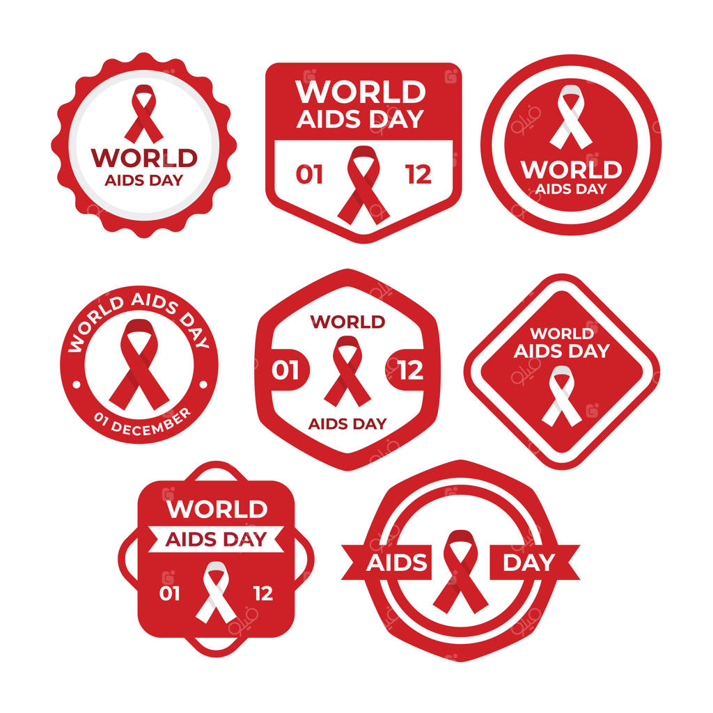 مجموعه نشان‌های روز جهانی ایدز - ۱ دسامبر با روبان‌های قرمز و مفهوم آگاهی‌رسانی درباره ایدز. طراحی با متن و علامت‌های ایست، مناسب برای بنرها، بروشور‌ها، استیکرها، کارت‌ها و غیره.