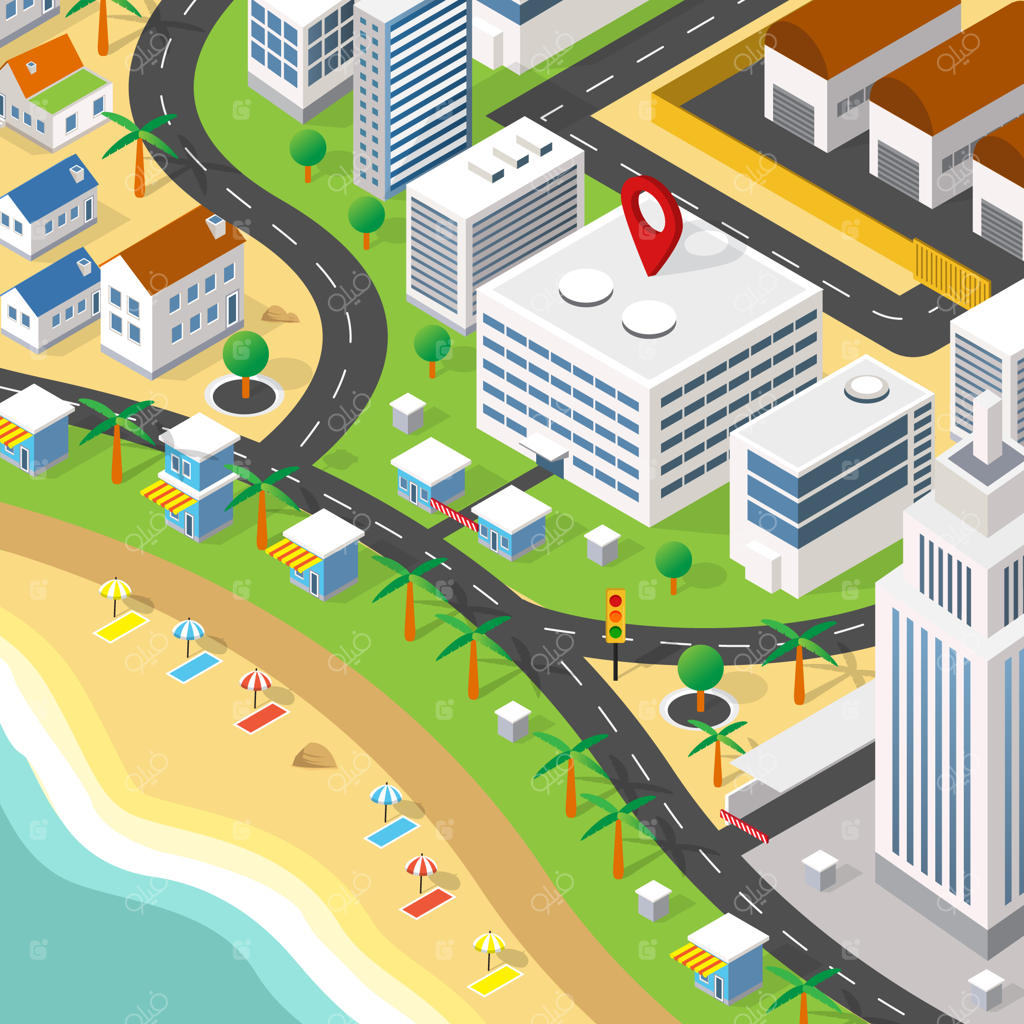 منطقه ساحلی مرکز شهر با هتل‌ها و پیاده‌روها