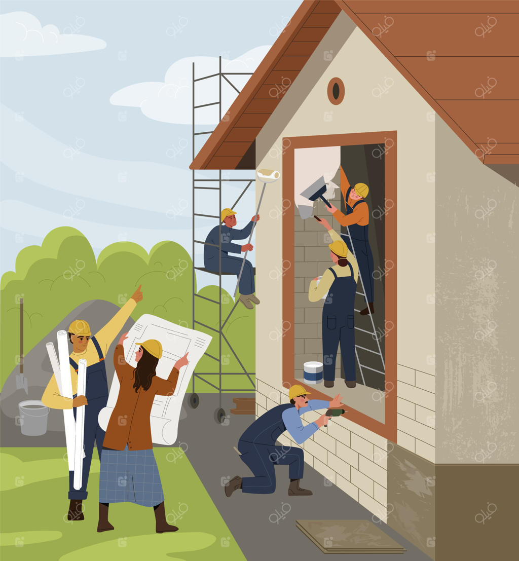 مردان و زنان با یونیفرم و کلاه ایمنی در حال ساخت ساختمان: کارگران دیوارها را رنگ می‌زنند و مهندسان نقشه‌ها را بررسی می‌کنند - تصویرسازی کارتونی و تخت.