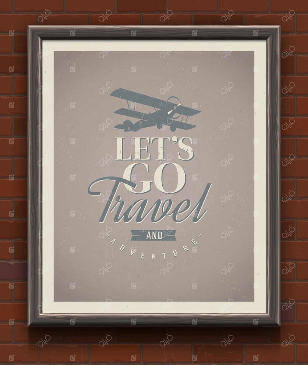 بیا به سفر و ماجراجویی برویم - پوستر قدیمی با نقل قول در قاب چوبی بر دیوار آجری - تصویرسازی