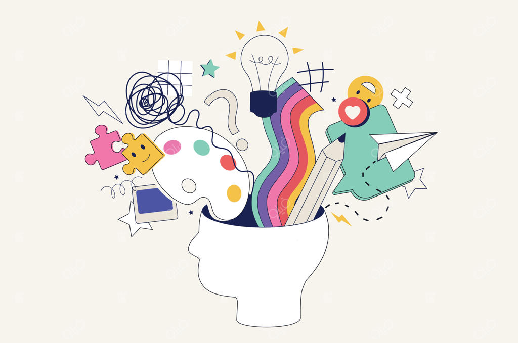 مفهوم فرآیند خلاقیت با سبک طراحی نئو بروتالیسم تخت برای وب؛ تخیل، طوفان فکری، یافتن راه‌حل و تفکر نوآورانه. تصویرسازی وکتور برای بنر شبکه‌های اجتماعی و اقلام بازاریابی.