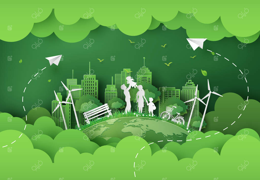 تصویرسازی روز جهانی محیط زیست با خانواده خوشحال به سبک هنر کاغذی.