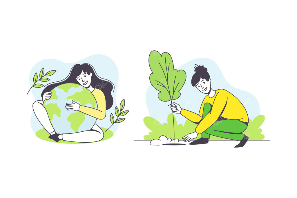 مجموعه زن جوان در حال در آغوش گرفتن کره زمین و کاشت درخت، حفظ محیط زیست و مراقبت از سیاره سبز و طبیعت